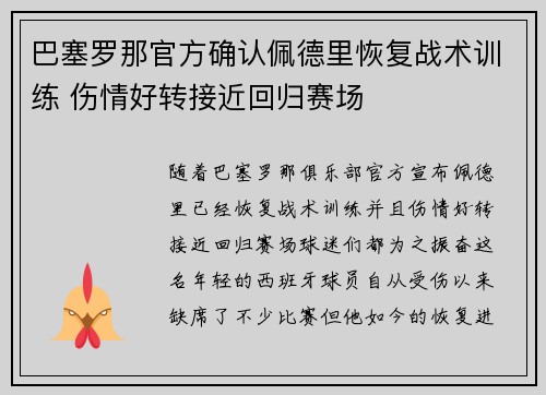 巴塞罗那官方确认佩德里恢复战术训练 伤情好转接近回归赛场